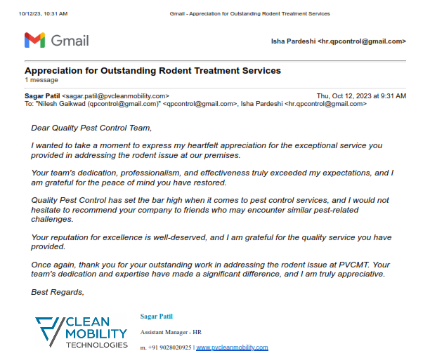 PV Clean - Appreciation for Outstanding Rodent Treatment Services_001